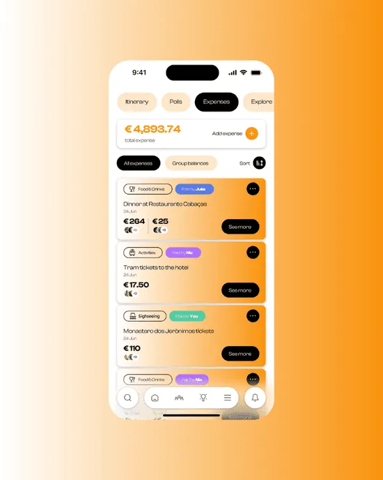 TripUp expense settlement screen